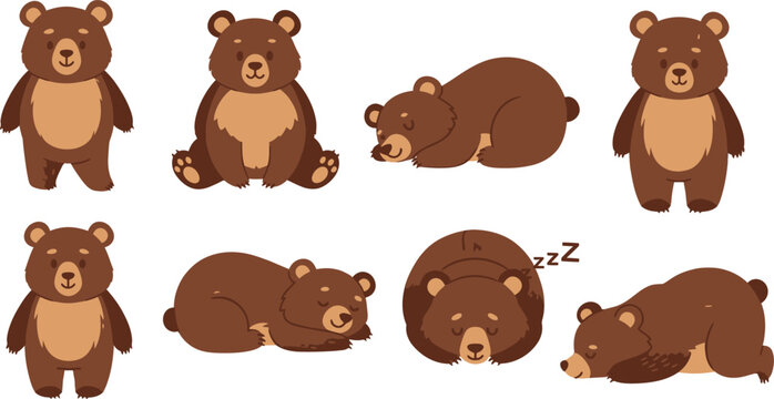 Cartoon brown bear in various sleeping poses Vector