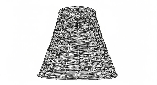 A close-up, isolated view of a grey woven basket with a conical shape on a white background