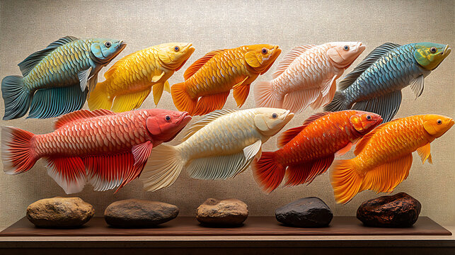 A diverse collection of extinct Asian Arowana color morphs and fin types, digitally restored and displayed side-by-side in a bright, realistic image, highlighting the aquatic biodiversity being 