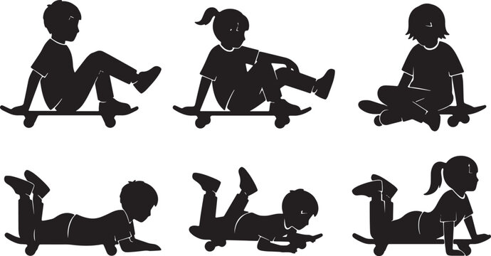 Kids Sitting and Lying on Skateboards