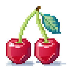 Fototapeta premium Pair of ripe red cherries with green leaves pixel art illustration for fruit games or food digital design and art project assets creation