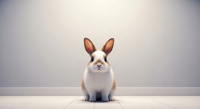 White rabbit with large ears sitting on a minimalist surface, ears upright, facing forward