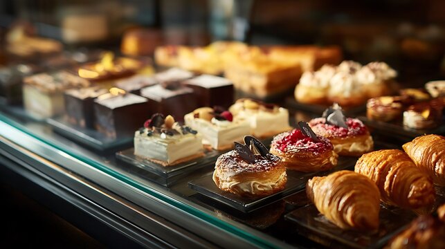 Fresh delicious pastries and desserts in a bakery display case.