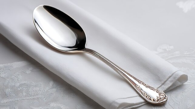 Elegant polished silver spoon resting on a clean white folded linen napkin.