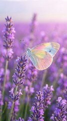 Fototapeta premium Beautiful Butterfly on Lavender Stem with Purple Field Bokeh