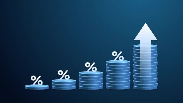 Interest rate increase concept. Stacked money with percentage symbol and upward arrow. Representing business hike growth, dividend tax, mutual fund and investment for retirement