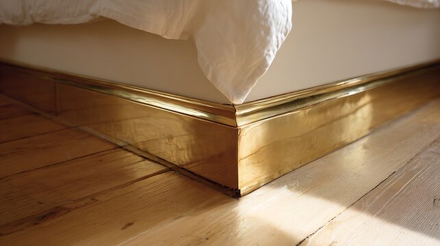 Close up of brass metal skirting board on wooden floor.