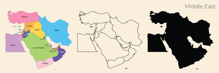 Middle East Map Vector Set with Colorful Political Map, Outline, and Black Silhouette. Detailed Geography Illustration of Turkey, Egypt, Saudi Arabia, Iran, Iraq, and Surrounding Countries. © JK