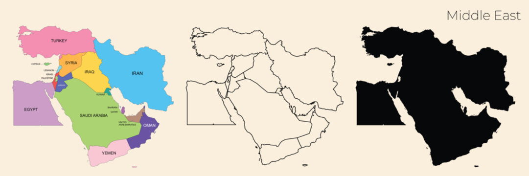 Middle East Map Vector Set with Colorful Political Map, Outline, and Black Silhouette. Detailed Geography Illustration of Turkey, Egypt, Saudi Arabia, Iran, Iraq, and Surrounding Countries.