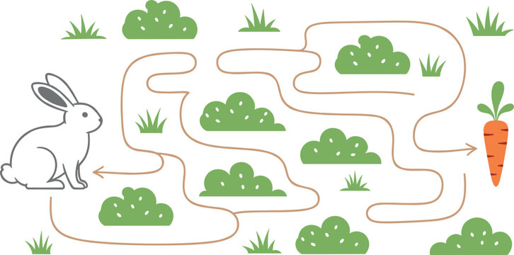 Rabbit maze puzzle game with carrot target for kids educational activity featuring cute animal and garden path vector illustration