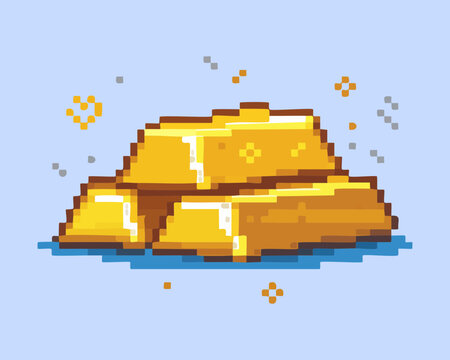 Pile of three gold bars pixel art for treasure collection and wealth status icons in tycoon and strategy game designs