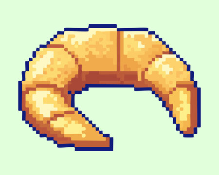 Delicious French croissant pixel art for bakery shop icons and health restoration food items in cooking and life simulation games