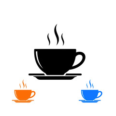 Obraz premium Hot Beverage Icon Set: Black, Orange, Blue Coffee Cups with Steam