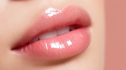 Fototapeta premium Close-up of beautifully glossed lips with a soft pink hue against a smooth background