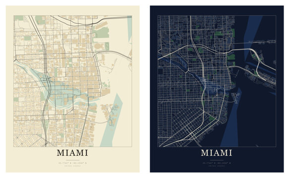 Miami Florida City Map Vector Art: Minimalist Urban Street Plan with Geographic Coordinates. Stylish Dark and Light Poster Design Set for Sunshine State Coastal Hub and Modern Interior Decoration.