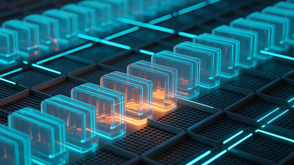 Obraz premium Futuristic Data Center Grid with Glowing Glass Digital Blocks
