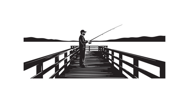 Man fishing from a wooden pier at dawn or dusk with calm water and distant hills in background vector illustration style.