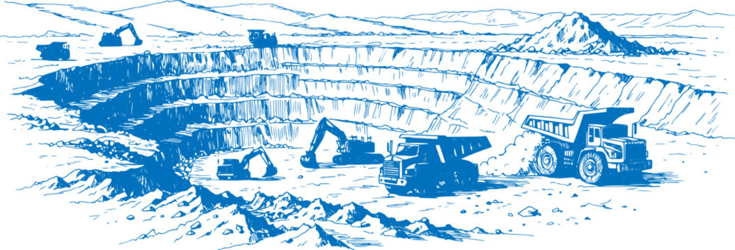 large open pit coal mine featuring terraced excavation layers, heavy mining trucks, and excavators. Hand drawn sketch style in clean vector format