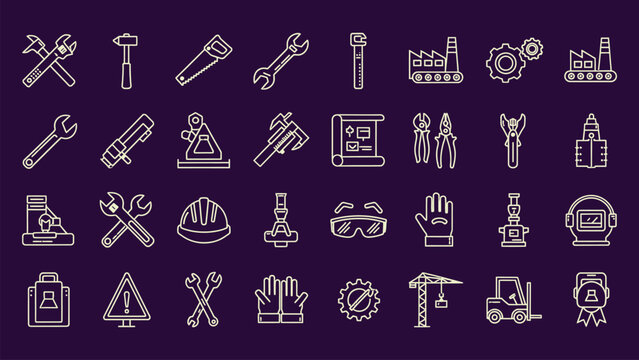 Industrial tools, construction icons, 40 white line icons, industrial equipment symbols, on dark background