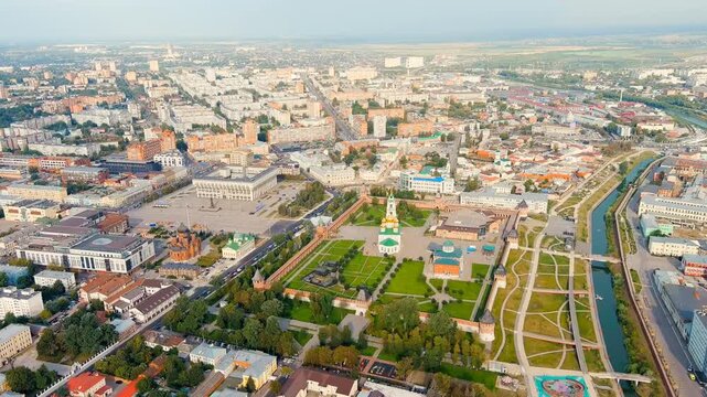 Tula, Russia. Tula Kremlin, Kazanskaya embankment. General panorama of the city from the air. Drone footage