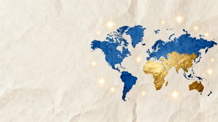 World map with european union colors and global lights continent international connections communication geography illumination celebration background crumpled victory in europe day