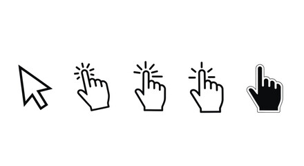 Fototapeta premium This vector graphic illustration presents a comprehensive collection of modern mouse cursor icons, including a classic arrow pointer and various hand-shaped click indicators, demonstrating different s