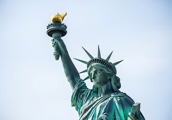 Fototapeta premium The statue of liberty stands tall against the blue sky, torch held high.