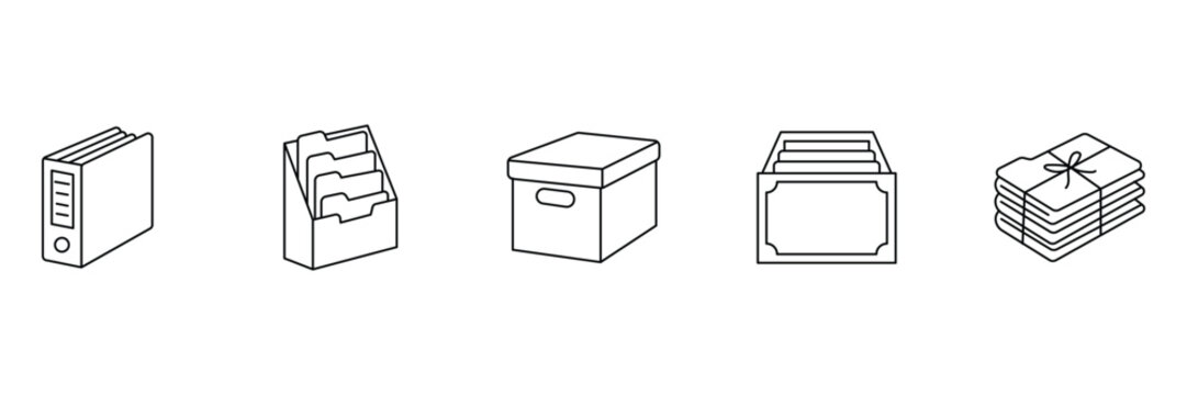 Folder icon set featuring office ring binder file holder rack storage archive box drawer and tied document stack vector illustration.