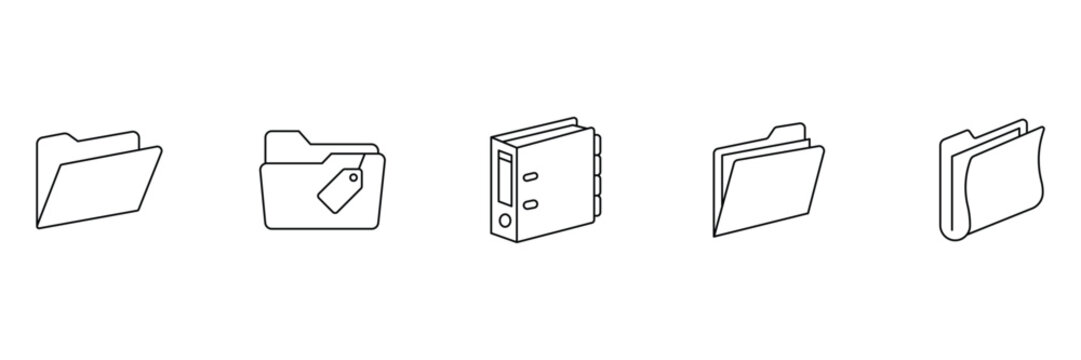 Folder icon set featuring paper document storage file with price tag office ring binder catalog and manila folder vector illustration.