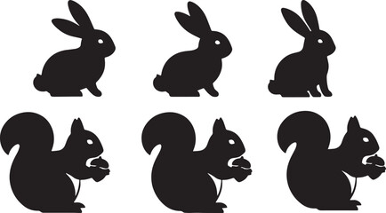 Black Solid Sitting Bunnies and Eating Squirrels Set of Six on White Background © Shakeel