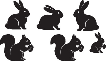 Black Solid Sitting Bunnies and Eating Squirrels Set of Six on White Background © Shakeel