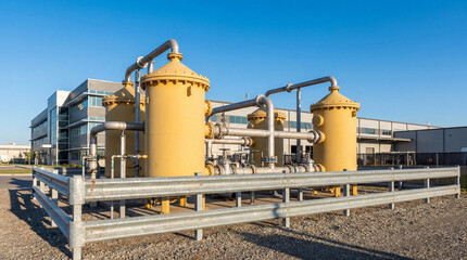 Obraz premium Yellow cylindrical industrial tanks and pipes at a plant under a clear blue sky