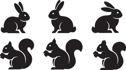 Black Solid Sitting Bunnies and Eating Squirrels Set of Six on White Background © Shakeel