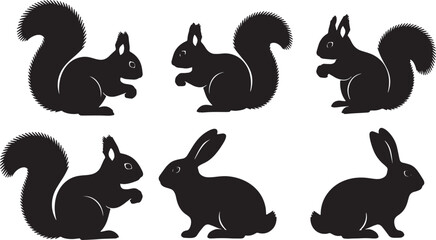 Black Solid Bushy Tail Squirrels and Long Ear Rabbits Set of Six on White Background © Shakeel