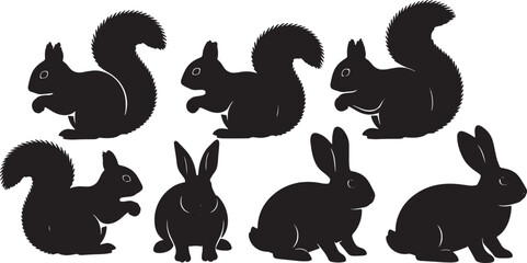Black Solid Bushy Tail Squirrels and Long Ear Rabbits Set of Six on White Background © Shakeel