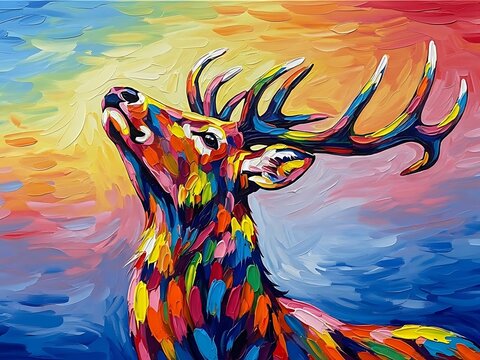 A vibrant and colorful painting of a majestic deer with a large rack of antlers