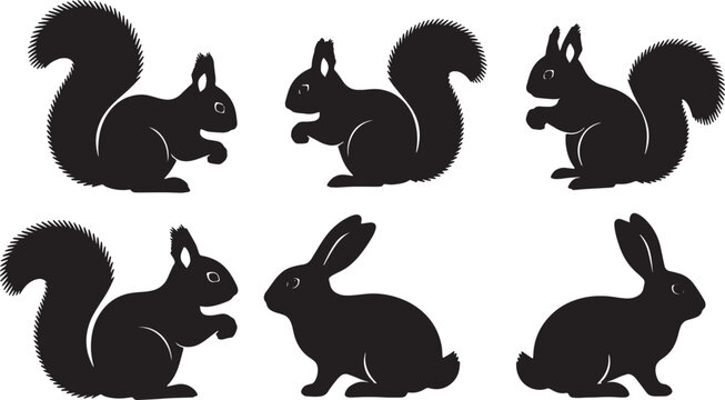 Black Solid Bushy Tail Squirrels and Long Ear Rabbits Set of Six on White Background