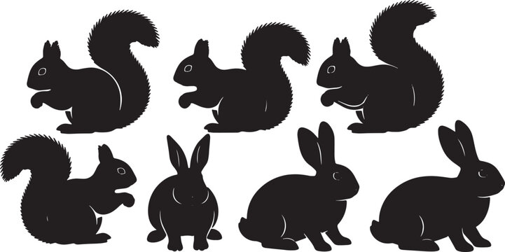 Black Solid Bushy Tail Squirrels and Long Ear Rabbits Set of Six on White Background