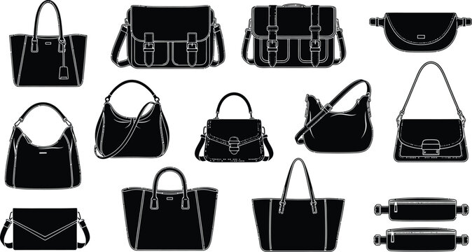 Black handbags and shoulder bags flat illustration set Vector