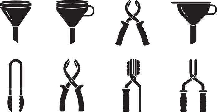Black Solid Canning Tools Silhouettes Set of Six on White Background