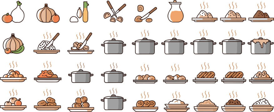 Cooking process icons vector set with ingredients preparation boiling frying and baking steps for recipe tutorials kitchen workflow and culinary education design