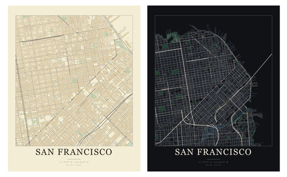 San Francisco California City Map Vector Art: Minimalist Urban Street Plan with Geographic Coordinates. Stylish Dark and Light Poster Design Set for Golden City Coastal Hub and Modern Interior Decor.