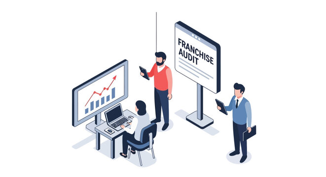 Isometric illustration of business people auditing franchise agreement and financial data.
