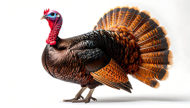 Wild turkey with colorful feathers standing on white background