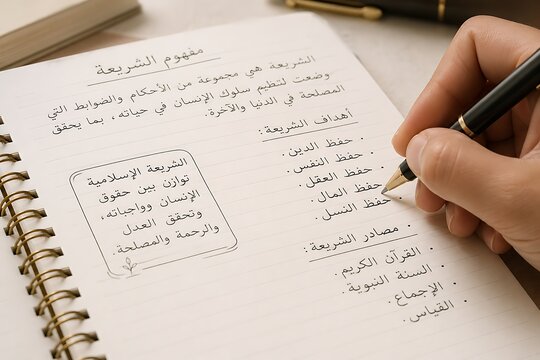 A person's hand holding a pen, writing notes on Islamic Sharia law in Arabic on a spiral-bound notebook, with a pen and ruler visible in the background.