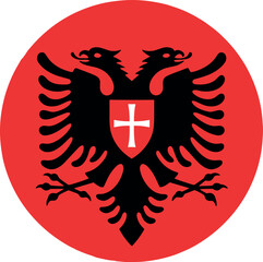 Fototapeta premium Double-Headed Eagle Emblem with Red Background and Cross Shield Design for National Symbol, Heraldry, and Flag RepresentationDouble-Headed Eagle Emblem with Red Background and Cross Shield Design for 