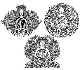 Fototapeta premium Mother Earth Goddess Woman Holding Globe Boho Floral Vector Illustration Set Nature, Gaia, Earth Day Hand Drawn Art