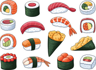 Sushi vector illustration set, Japanese food collection, rolls nigiri sashimi assortment, traditional cuisine flat design isolated elements © Majnur