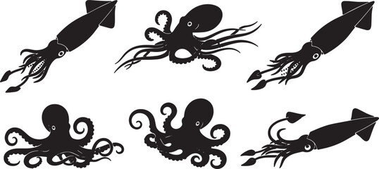 Fototapeta premium Black Solid Cephalopod Action Silhouettes Set of Six on White Background