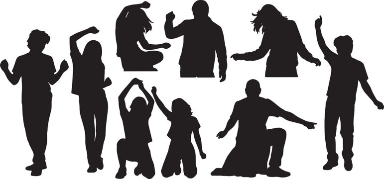 Black Solid Celebratory Group Dance Silhouettes Set of Six on White Background